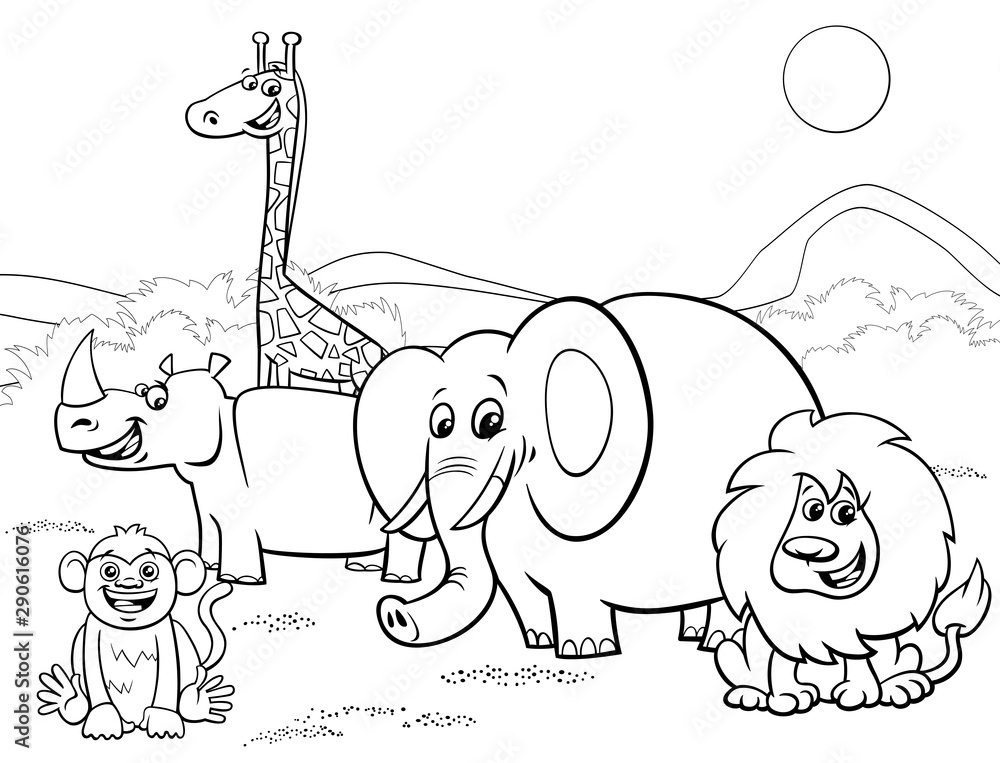 cartoon safari animals group coloring page