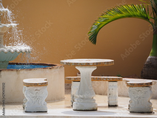 Cozy traditional summer cafe with a fountain. Dominican Republic.