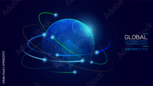 World data connecting network and communications concept with map dots and mesh on background. Abstract global telecommunication and data signal connection. Vector illustration