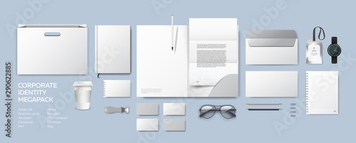 Corporate identity premium branding design. Stationery mockup vector megapack set. Template folder and A4 letter, visiting card, paper bag and envelope. Empty objects for presentation company style.