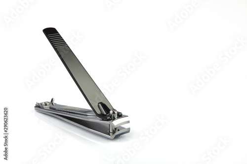 Stainless steel nail clippers on a white background