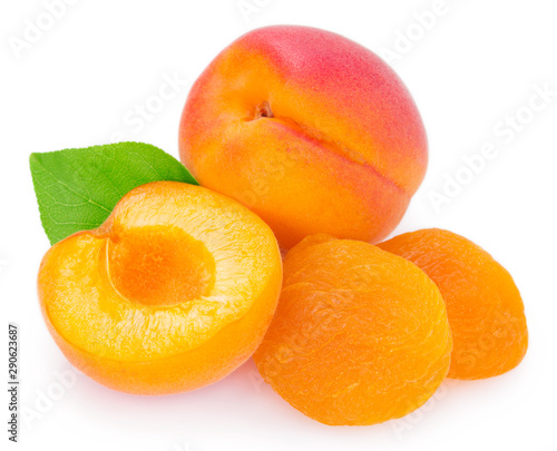 Fresh and dried apricot on white background
