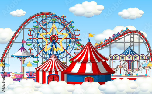 An outdoor funfair scene in clouds photo