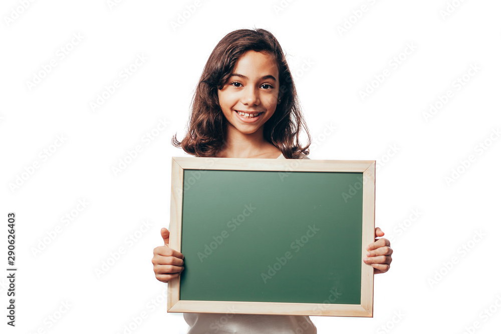 Portrait of girl with blackboard isolated on white background Portrait of girl with blackboard isolated on white background