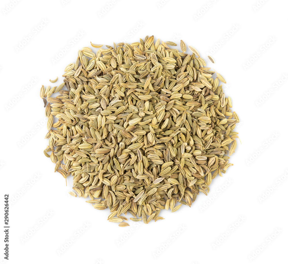 Fennel seeds on a white background. Top view Fennel seeds on a white background. Top view
