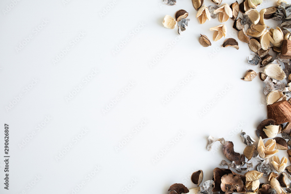 Obraz premium Flowers composition. Frame made of dried rose flowers on white background. Flat lay, top view, copy space