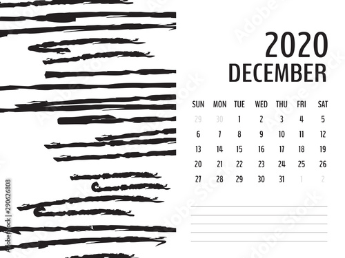 Desk Calendar 2020 template vector, december 2020 design, Planner vector diary in a memphis style, Week start on Sunday photo