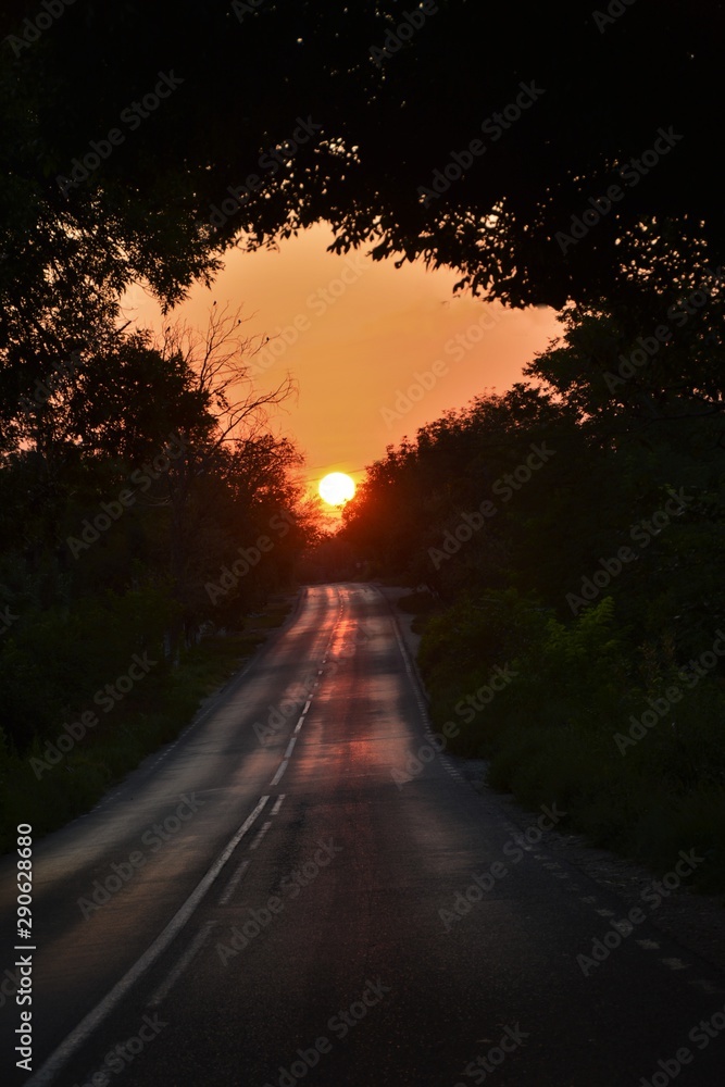 the sun rising at the end of the road