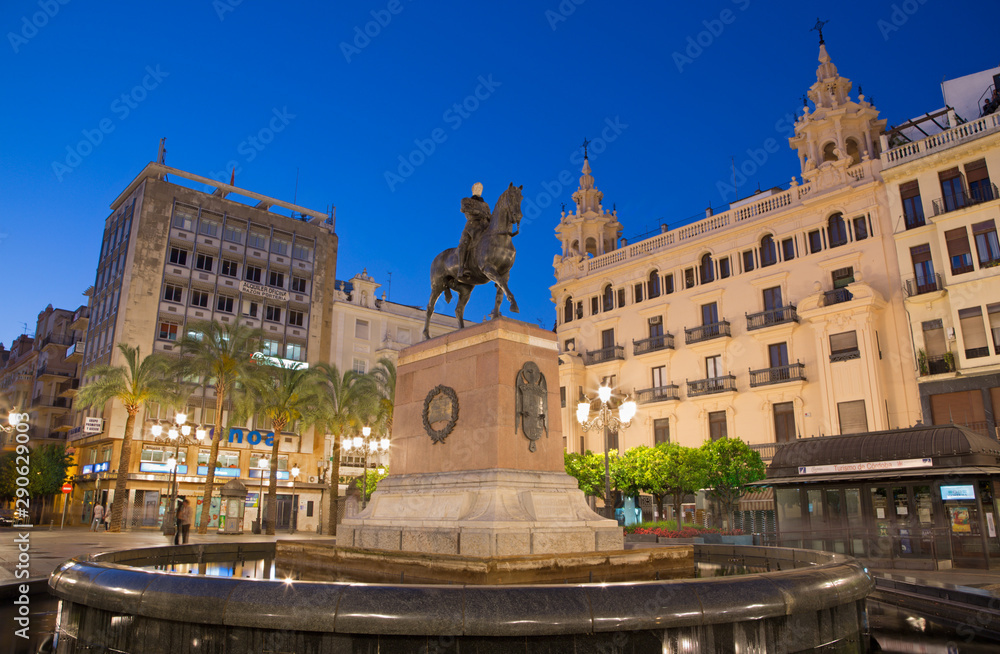 CORDOBA, SPAIN - MAY 28, 2015: The Plaza Tendillas square at dusk with The Great Capitan memorial by Mateo Inurria Lainosa (1920).