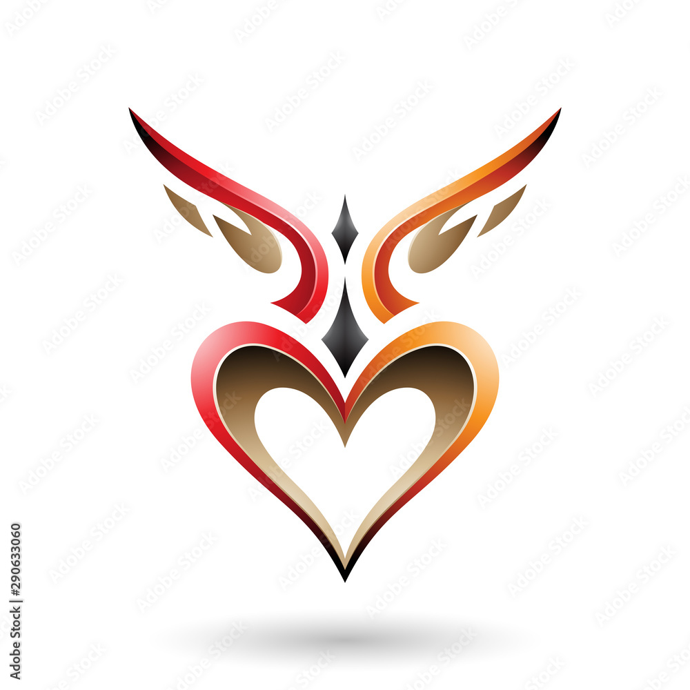 Red and Orange Bird Like Winged Heart with a Shadow Illustration Red and Orange Bird Like Winged Heart with a Shadow Illustration