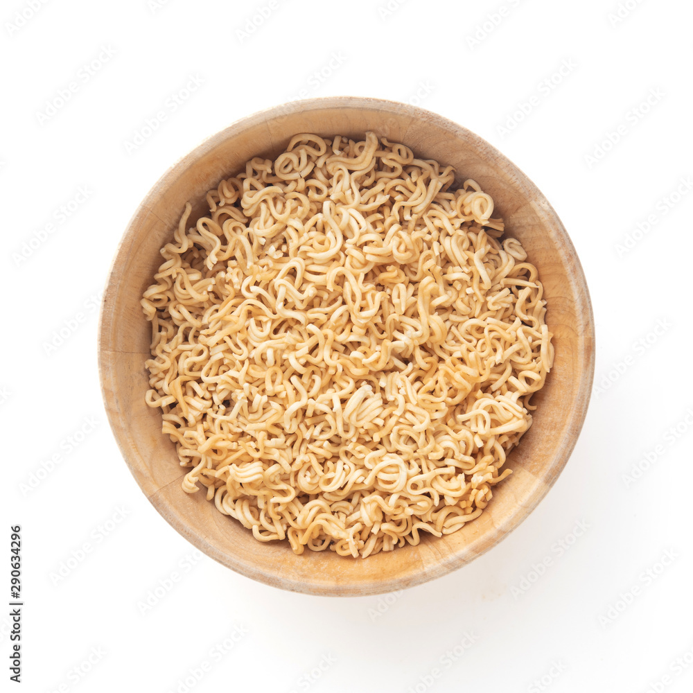 Instant noodles in a wooden bowl Isolated on white