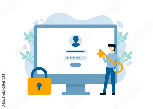 Man with key near computer and account login and password. Vector male character design concept for business. Illustration for landing page, web, poster, banner, layout, template.