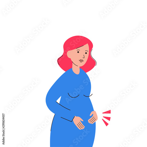 Pregnant woman feeling baby kick. Girl expecting a baby holds on to big belly. Flat vector character illustration.