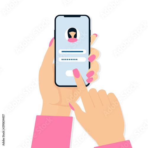 Sign in page on smartphone screen. Woman hand hold phone, finger touch sign in button. Mobile account with avatar. Flat modern concept for landing page, web, poster, banner, layout, template, site.