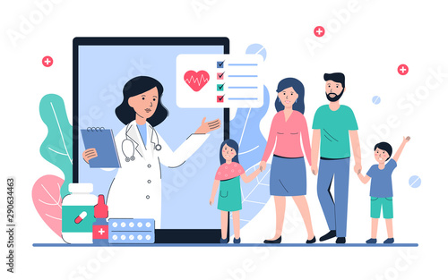 Online consultation with doctor. Modern healthcare technologies. Mobile app family medicine. Control care health service. Flat vector modern banner, template, poster illustration.