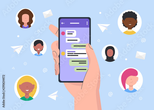 Social network. Hand holds a phone with chat online, people avatars background. Person use the Internet to communicate with friends around the world.