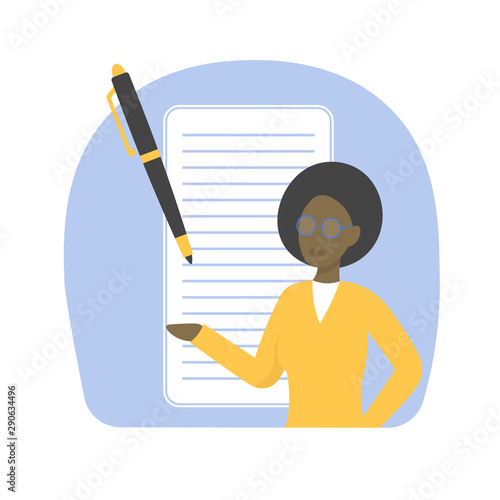 A woman fills out a resume for employment. Flat vector design concept illustration for business.