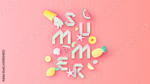 Paper art of mixed fruit juice and tropical fruit hanging from top decorated with paper calligraphy SUMMER. Graphic design for Summer. paper cut and craft style. vector, illustration.