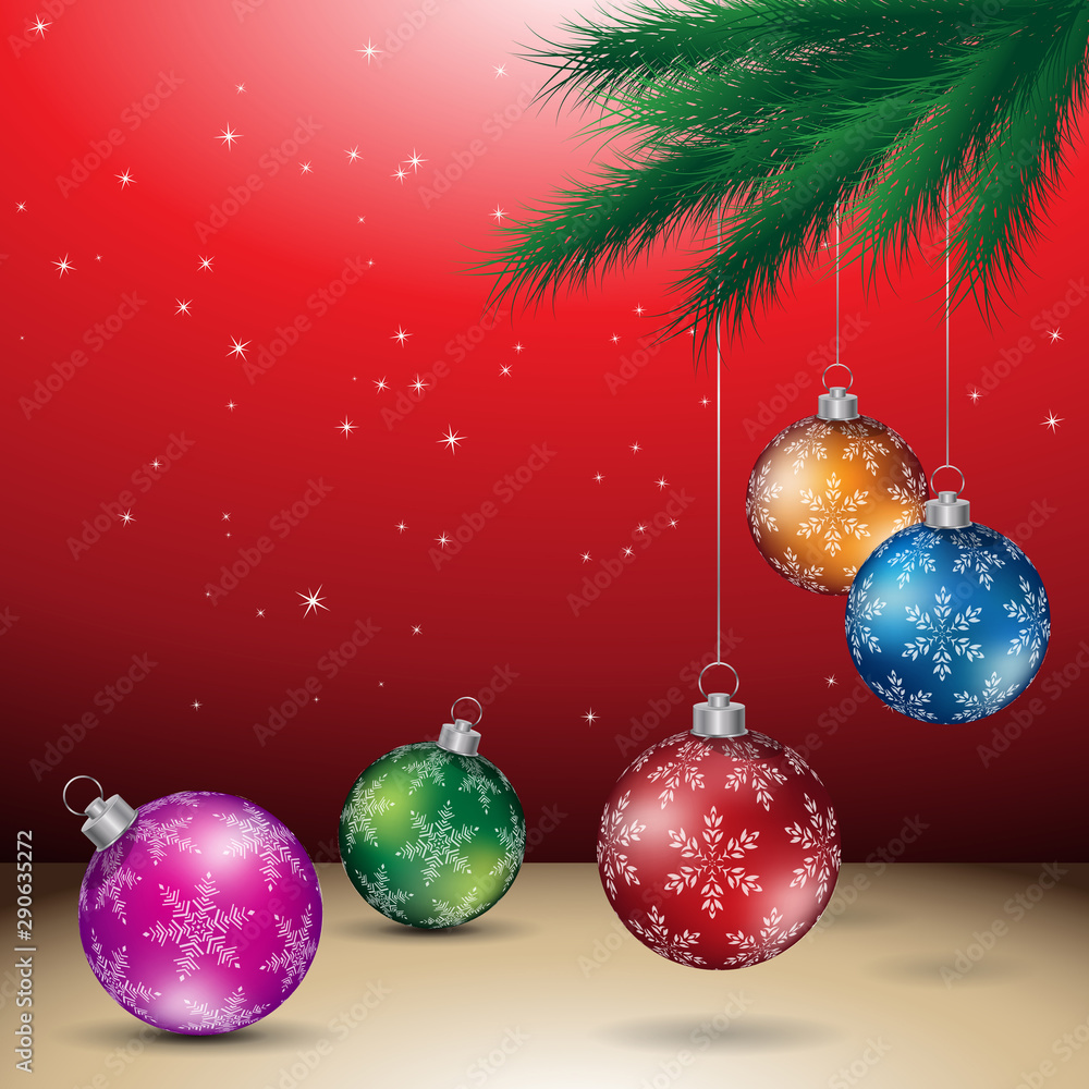 Red Christmas Background with Glossy Colorful Balls Illustration