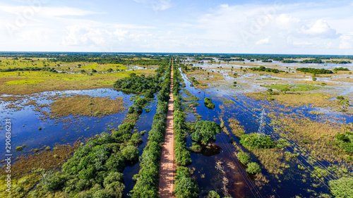 Road crossing the Brasilian Pantanal, surrounded by jungle and water photo