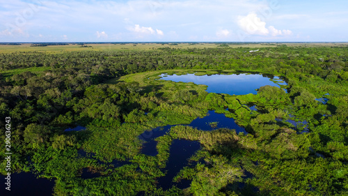 Pantanal aerial landscape with beautiful blue lagoon