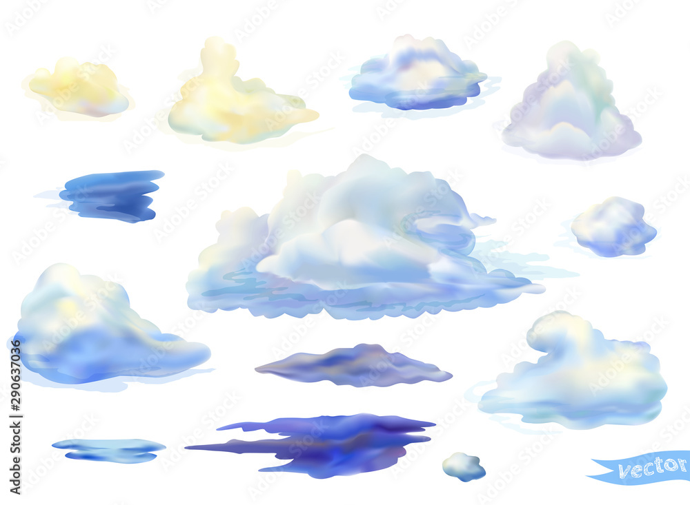 Fototapeta premium Set of vector isolated clouds in watercolor style. Thunderclouds illustration