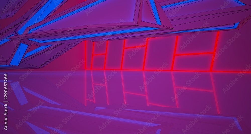 Obraz premium Abstract architectural drawing white interior of a minimalist house with color gradient neon lighting. 3D illustration and rendering.