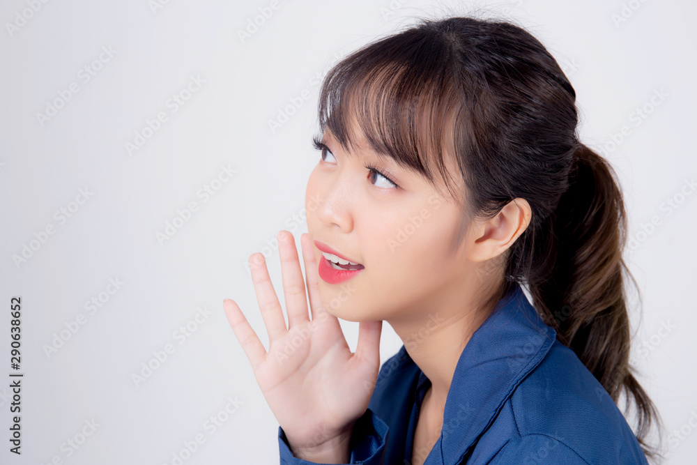 beautiful portrait young asian business woman shout speaking loud isolated on white background, asia model businesswoman scream with glad and success, girl career secretary or consultant job. beautiful portrait young asian business woman shout speaking loud isolated on white background, asia model businesswoman scream with glad and success, girl career secretary or consultant job.
