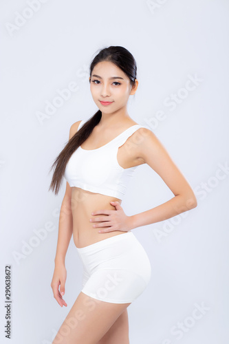 Portrait young asian woman smiling beautiful body diet with fit isolated on white background, model girl weight slim with cellulite or calories, health and wellness concept.