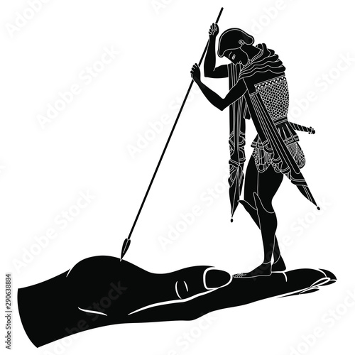 Ancient Greek young warrior standing on huge human hand and piercing it with his spear. Black and white silhouette. Titanomachia. Greek mythology. Battle of giants and gods.