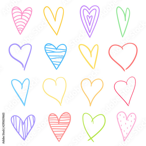 Abstract hearts on isolated white background. Hand drawn set. Colored illustration. Sketchy symbols