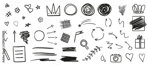 Hand drawn infographic elements. Abstract geometric shapes on white. Grungy signs. Black and white illustration. Different elements for design
