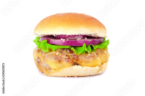 american cheeseburger with a large cutlet ,cheese, onions and lettuce on a white background isolated