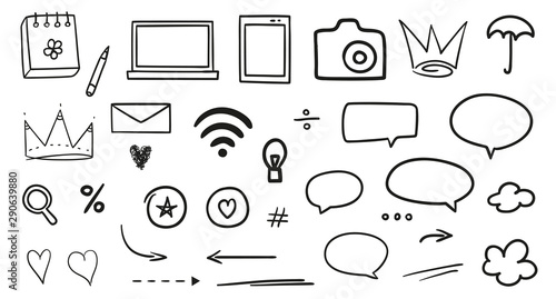 Hand drawn social media elements on white. Abstract signs. Black and white illustration. Sketchy symbols