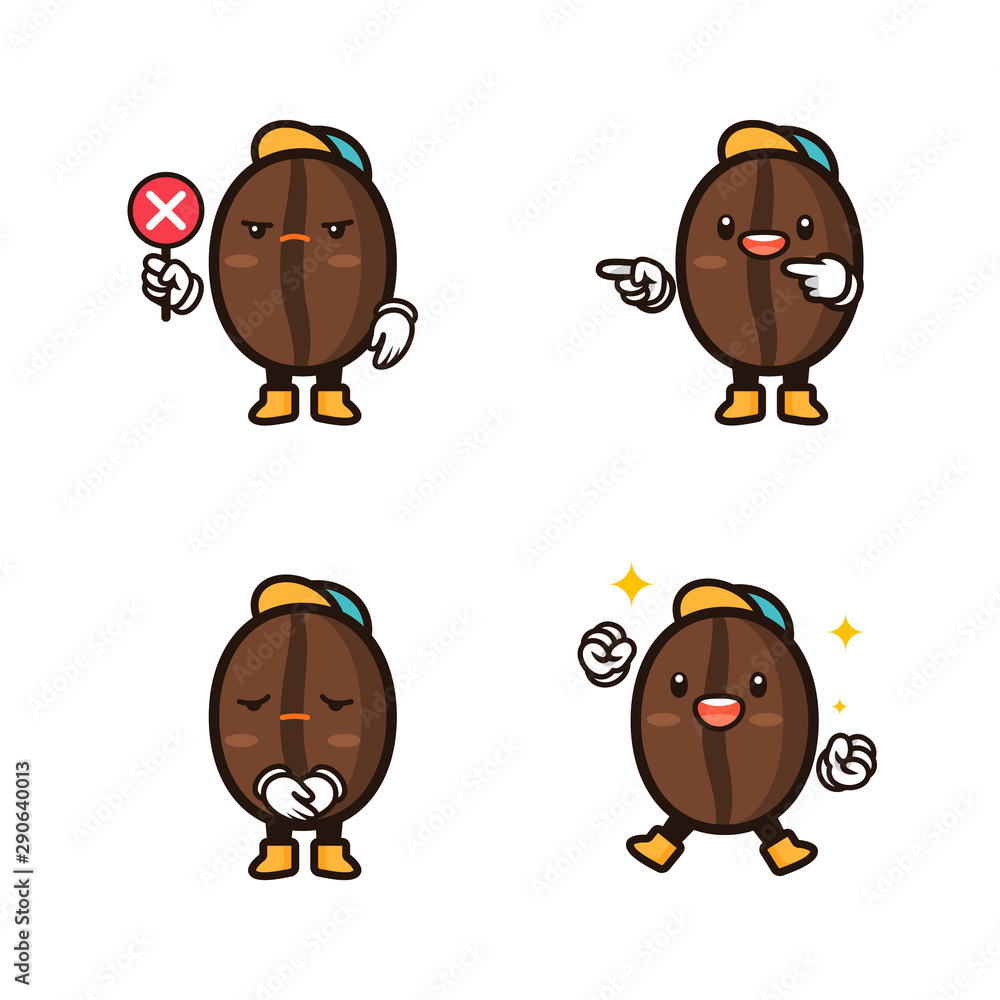 Collection of Kawaii coffee bean character in many pose Collection of Kawaii coffee bean character in many pose