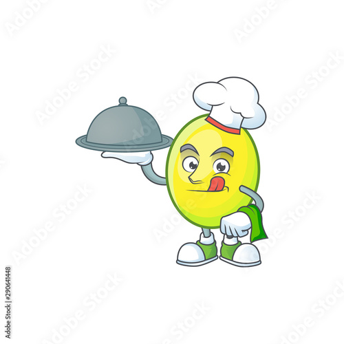 Chef with food gomotega fruit healthy in cartoon mascot