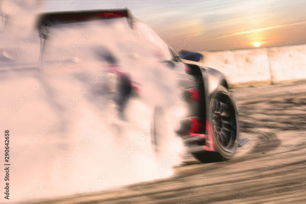 Motion blur close up drift car with  smoke from burning tires