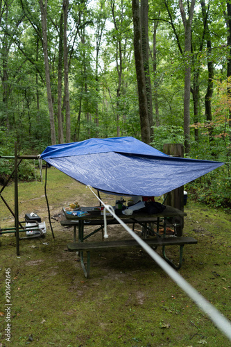 hand made shelter from the rain on campground