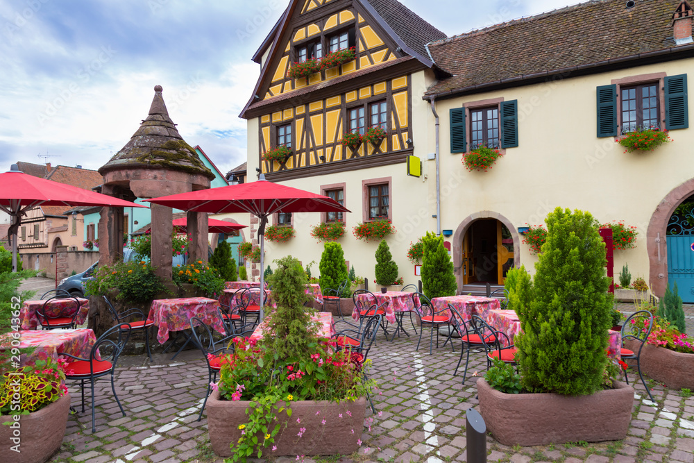 Cafe in ancient wine town of Kientzheim. Alsace Wine Route. France.