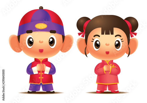 Cartoon cute chinese girl and boy character set. Chinese kids wishing happy chinese new year - vector mascot