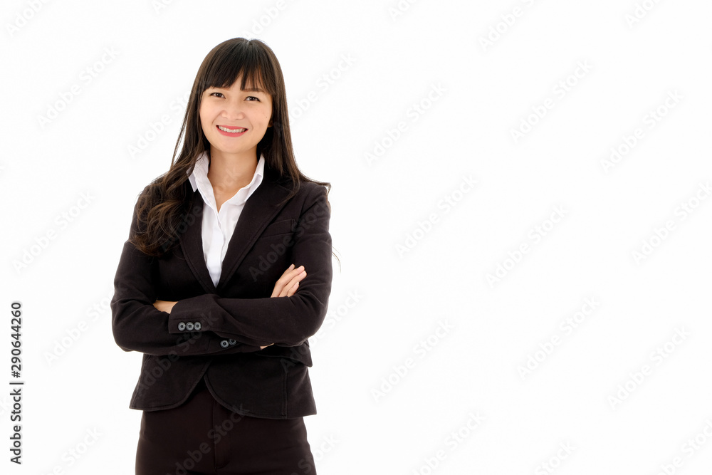 smiling business woman in black suit. studio isolated with long hair standing with crossed arms on white background/Young Asian.Intelligent and confident Successful leader. with space for text. smiling business woman in black suit. studio isolated with long hair standing with crossed arms on white background/Young Asian.Intelligent and confident Successful leader. with space for text.