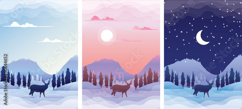 Winter Landscape with deer silhouette at sunrise, sunset and night. Winter Season banners set template vector illustration.