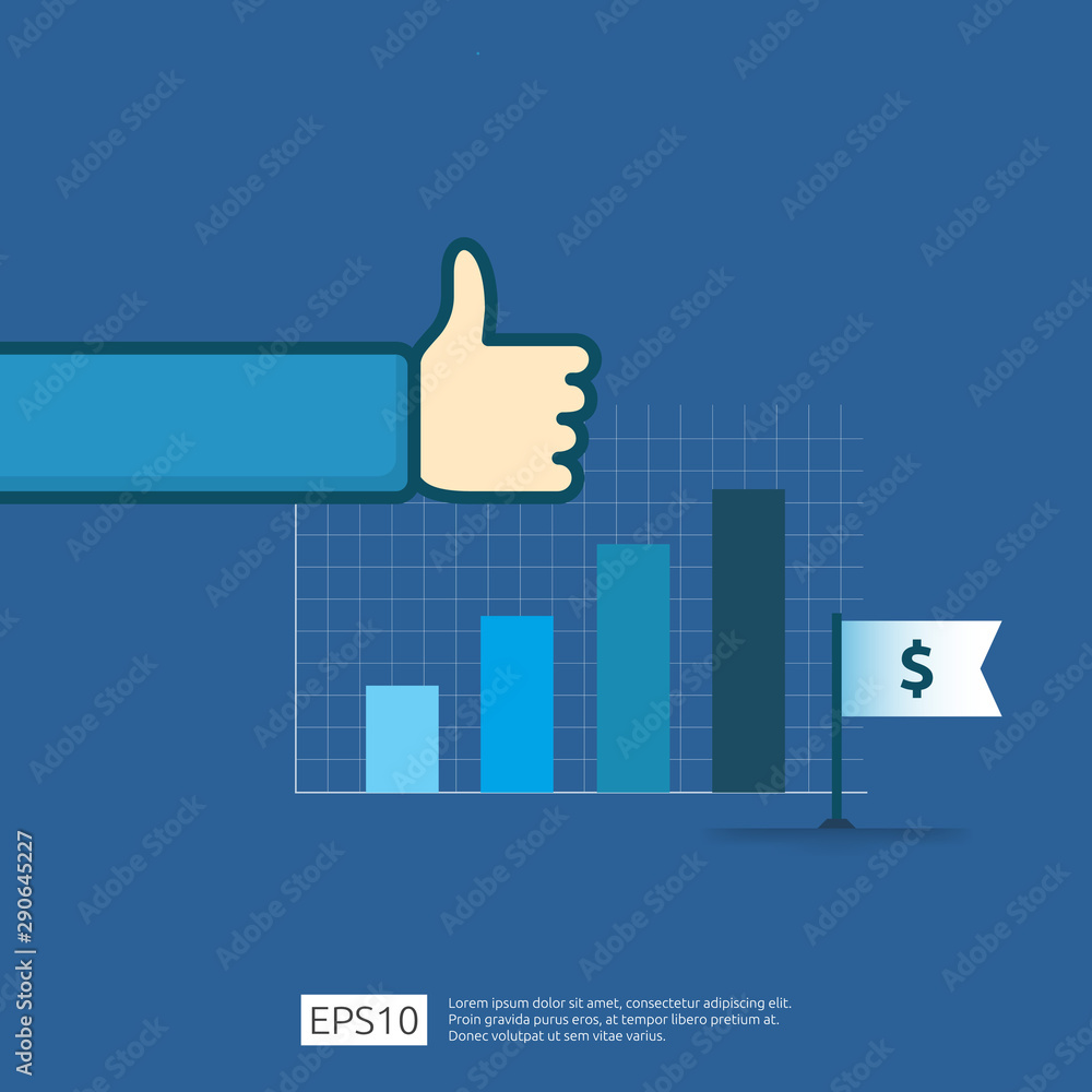 business profit growth revenue with thumb up gesture. income salary rate increase. Finance performance of return on investment ROI concept with arrow. dollar symbol flat style vector illustration business profit growth revenue with thumb up gesture. income salary rate increase. Finance performance of return on investment ROI concept with arrow. dollar symbol flat style vector illustration