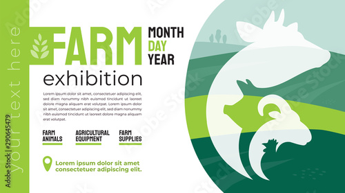 Design for agricultural exhibition. Identity for farm animals business, agricultural equipment, supplies, conference, forum. Illustration with sign of cow, pig, ram. Template for flyer, advert, banner