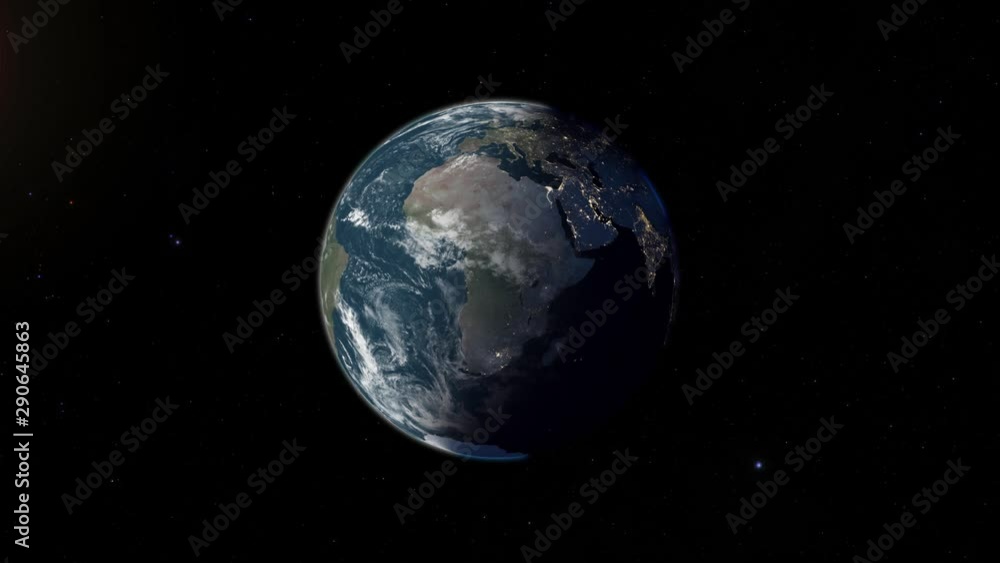 Realistic shot of planet earth spinning / rotating in space with stars in the background. City lights are on the shadow side of the earth. Realistic shot of planet earth spinning / rotating in space with stars in the background. City lights are on the shadow side of the earth.