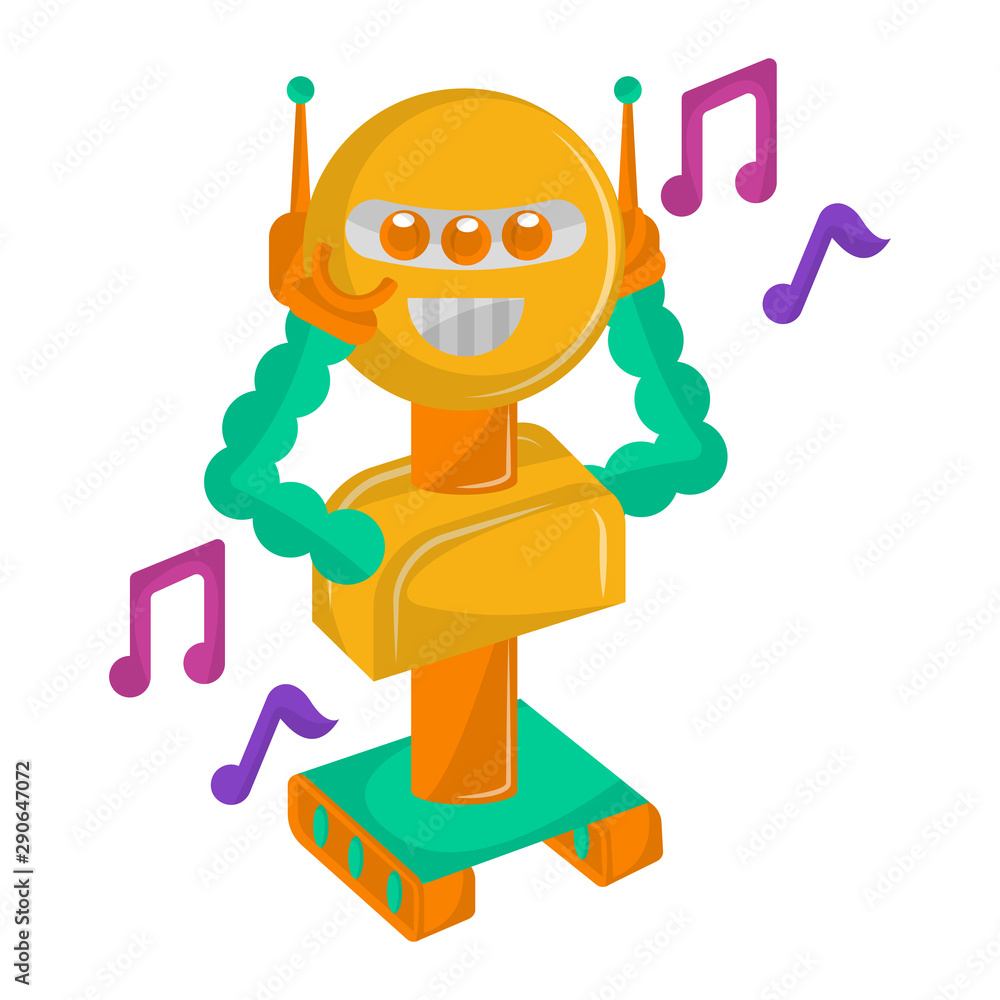 Fototapeta premium Happy robot toy with musical notes on a white background - Vector