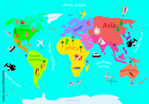 Children's illustrated geographic map of the world. Vector illustration.