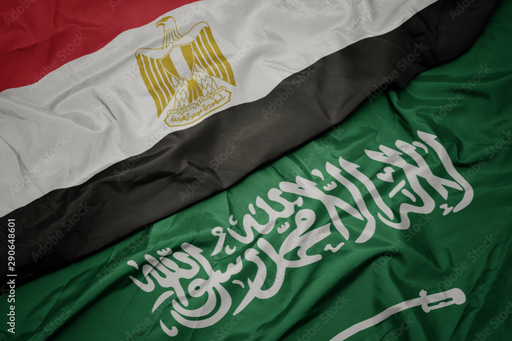 waving colorful flag of saudi arabia and national flag of egypt . Stock