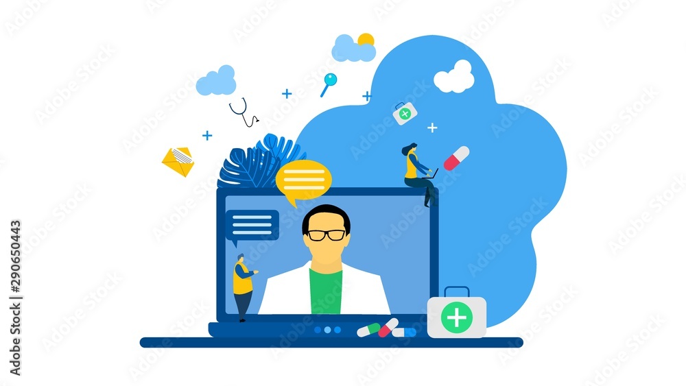 Website or landing page of Online doctor consultation with Tiny People Character Concept Vector Illustration, Suitable For web landing page,Wallpaper, Background, Card, banner,Book Illustration