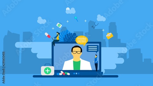 Online doctor consultation with Tiny People Character Concept Vector Illustration, Suitable For web landing page,Wallpaper, Background, Card, banner,Book Illustration